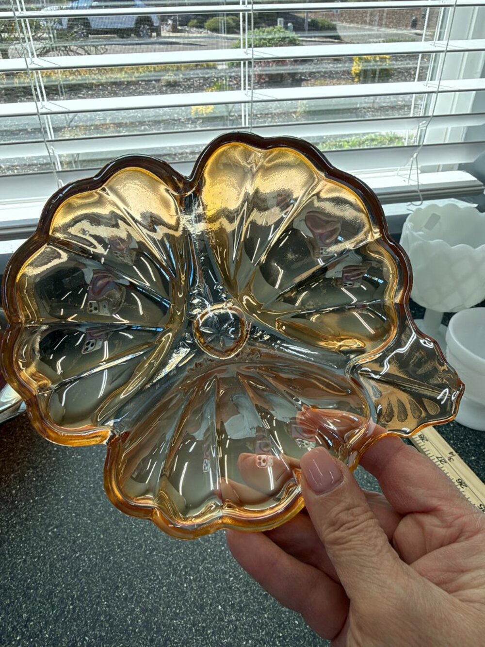 Vintage Amber Iridescent Glass Flower Dish 6" Trinket Bowl Retro Decor